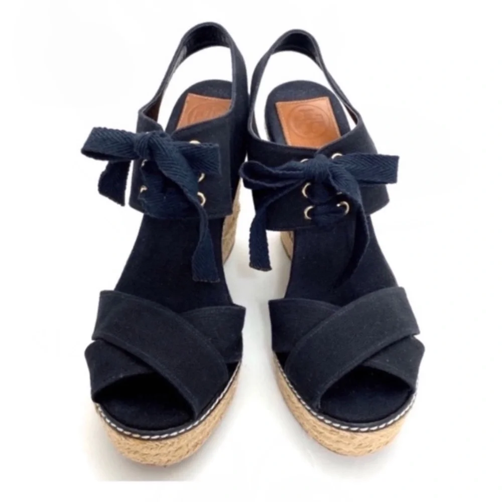 TORY Burch Cross Strap Canvas Ankle Lace up Espadrilles Wedge Sandal Black Sz 10